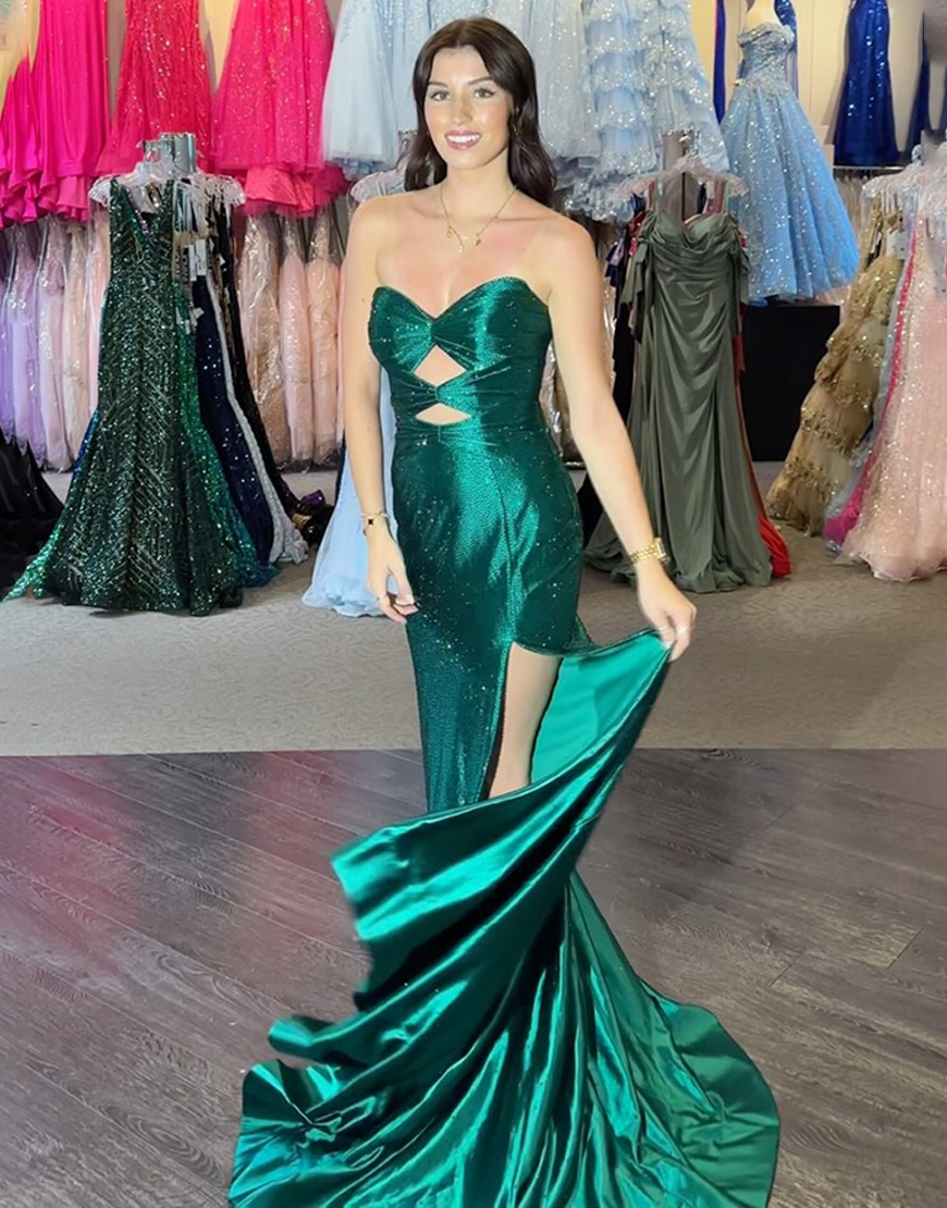 Sparkly Blush Beaded Strapless Mermaid Hollow Out Long Prom Dress with Slit