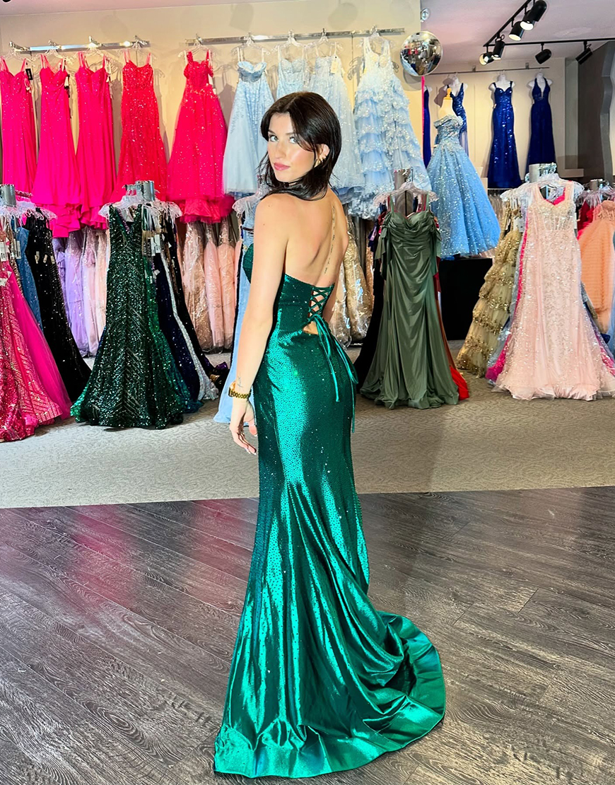 Sparkly Blush Beaded Strapless Mermaid Hollow Out Long Prom Dress with Slit