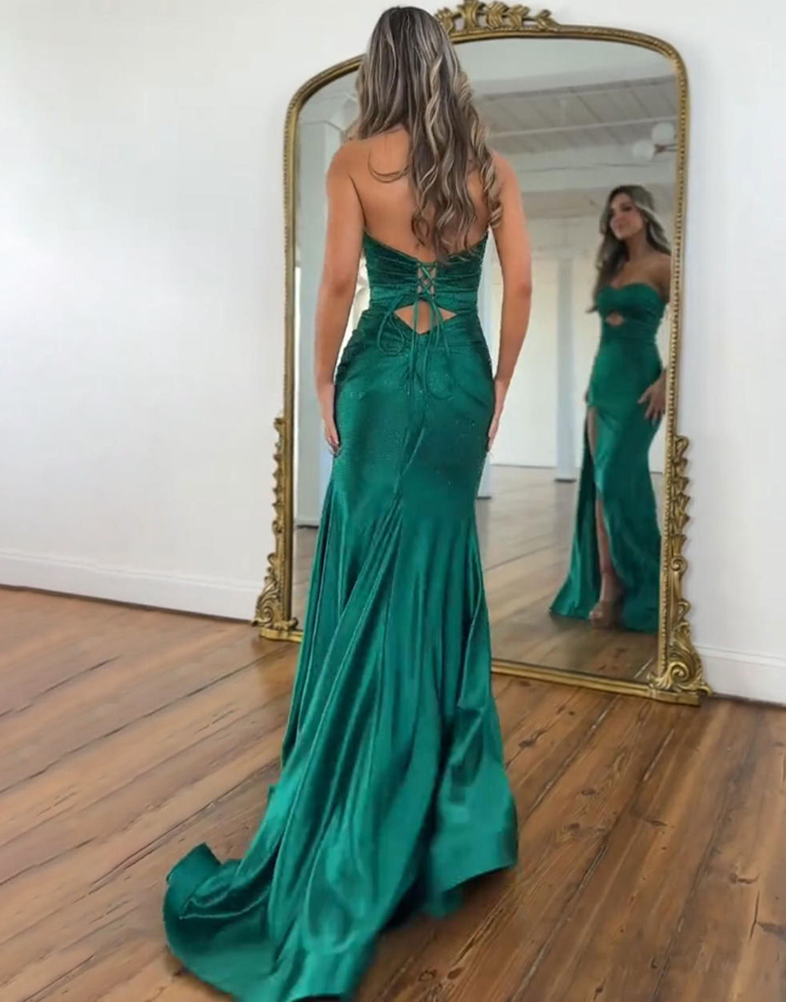 Sparkly Dark Green Mermaid Keyhole Beaded Long Prom Dress with Slit