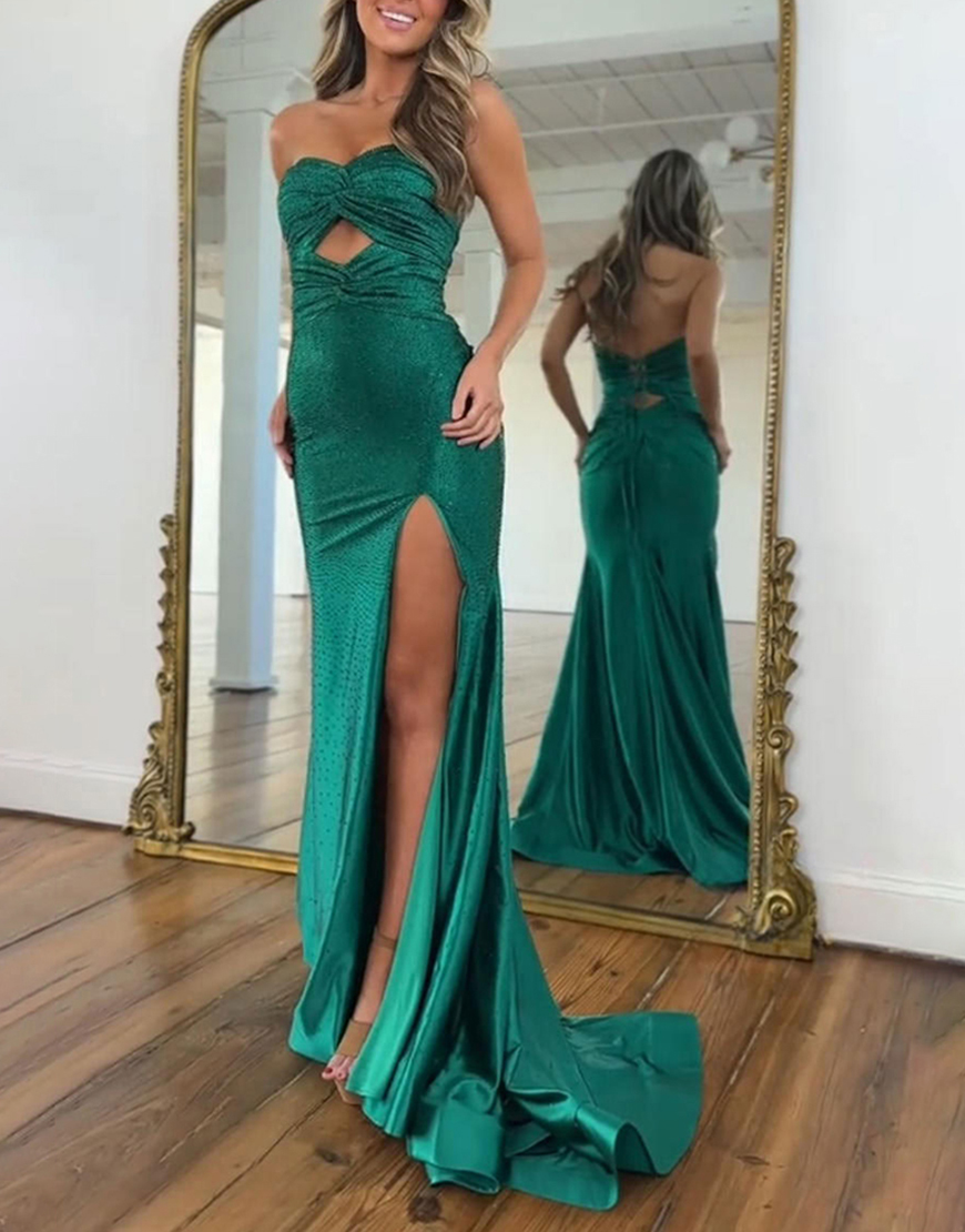 Sparkly Dark Green Mermaid Keyhole Beaded Long Prom Dress with Slit