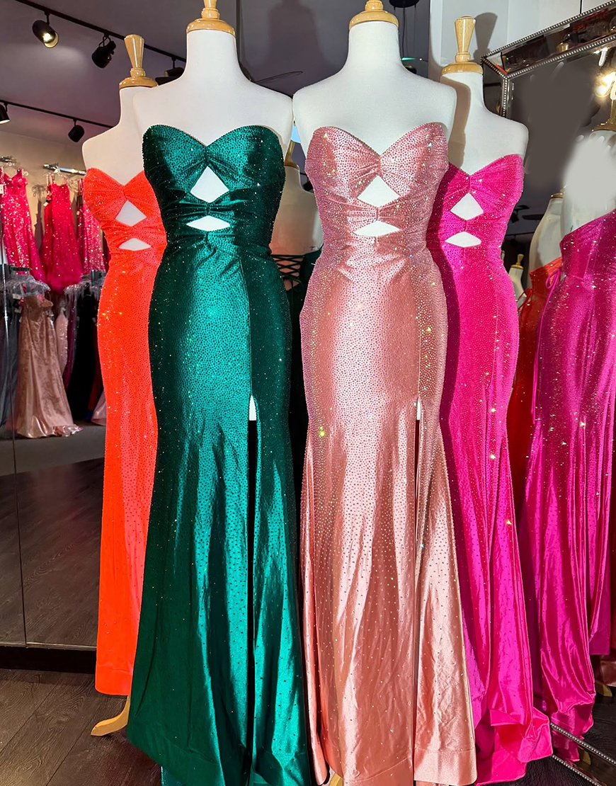 Sparkly Blush Beaded Strapless Mermaid Hollow Out Long Prom Dress with Slit