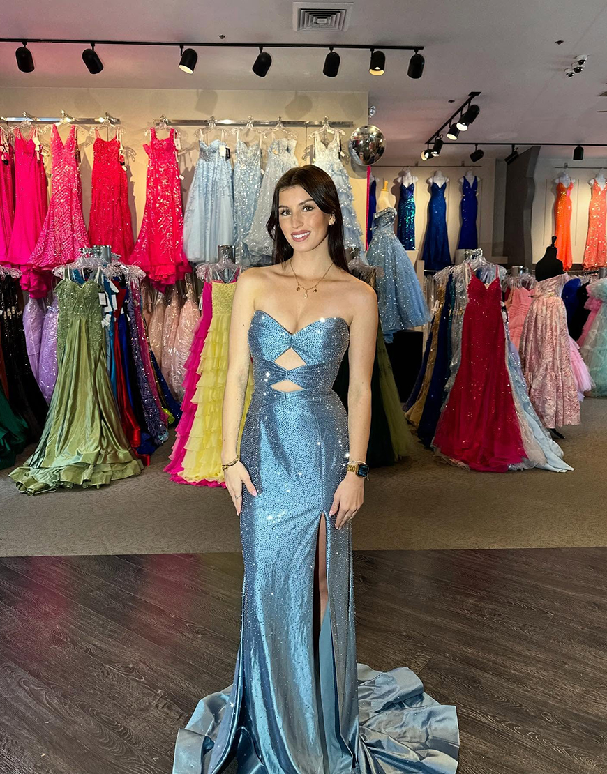 Sparkly Blush Beaded Strapless Mermaid Hollow Out Long Prom Dress with Slit