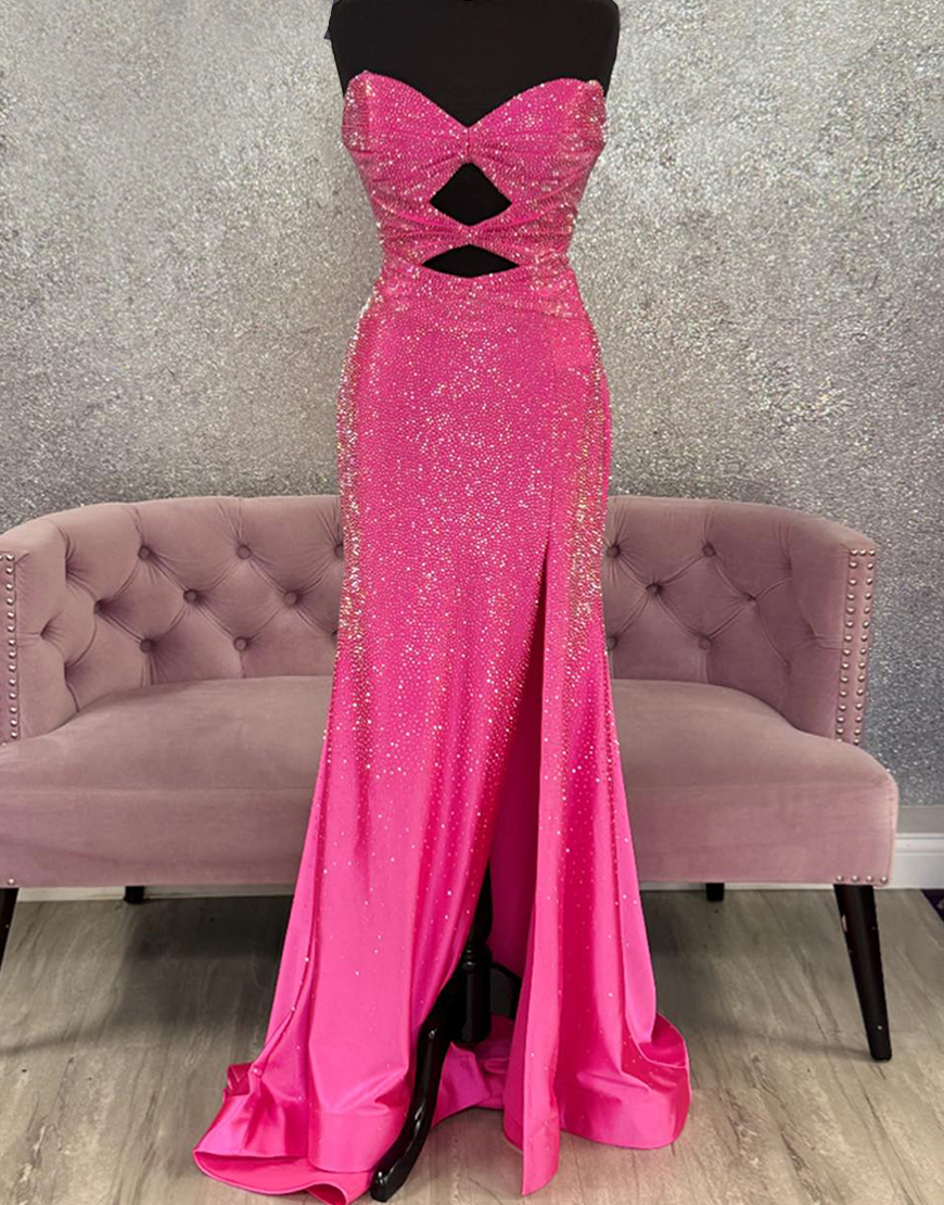 Sparkly Blush Beaded Strapless Mermaid Hollow Out Long Prom Dress with Slit