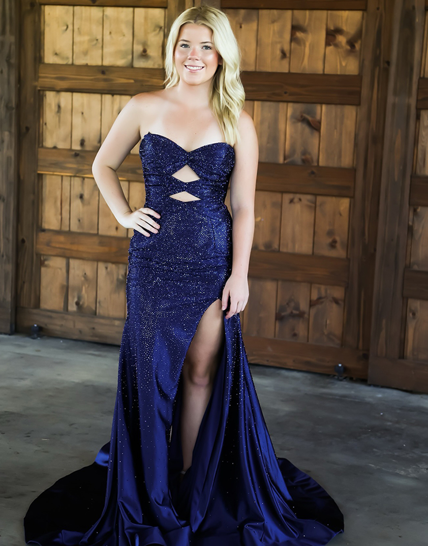 Sparkly Navy Beaded Strapless Hollow Out Mermaid Long Prom Dress with Slit