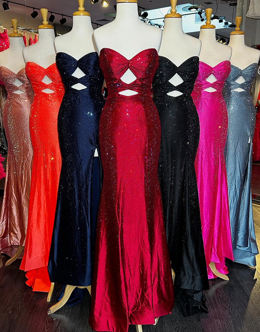 Sparkly Blush Beaded Strapless Mermaid Hollow Out Long Prom Dress with Slit