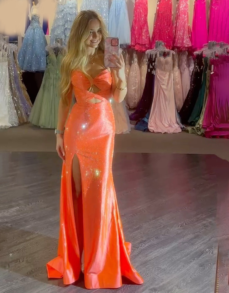 Sparkly Blush Beaded Strapless Mermaid Hollow Out Long Prom Dress with Slit