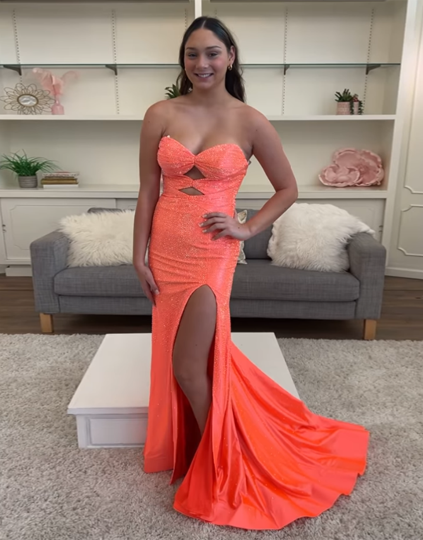 Sparkly Blush Beaded Strapless Mermaid Hollow Out Long Prom Dress with Slit