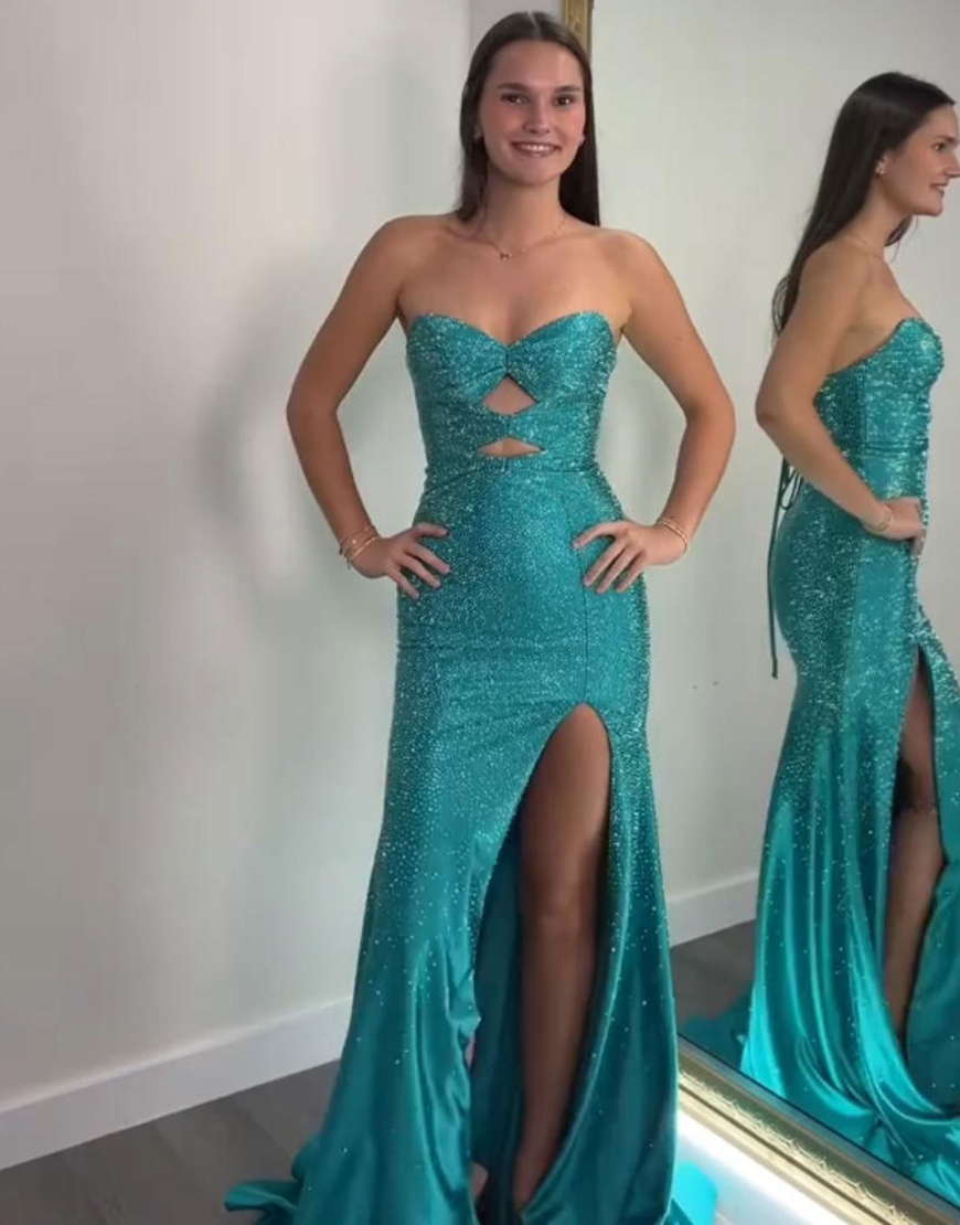 Sparkly Blush Beaded Strapless Mermaid Hollow Out Long Prom Dress with Slit