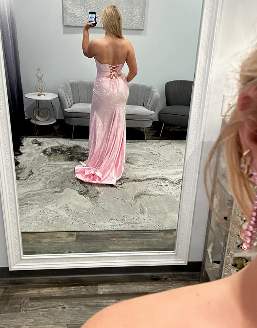 Sparkly Blush Beaded Strapless Mermaid Keyhole Long Prom Dress with Slit