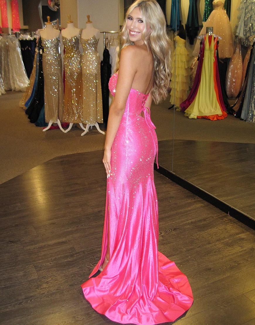 Sparkly Blush Beaded Strapless Mermaid Hollow Out Long Prom Dress with Slit