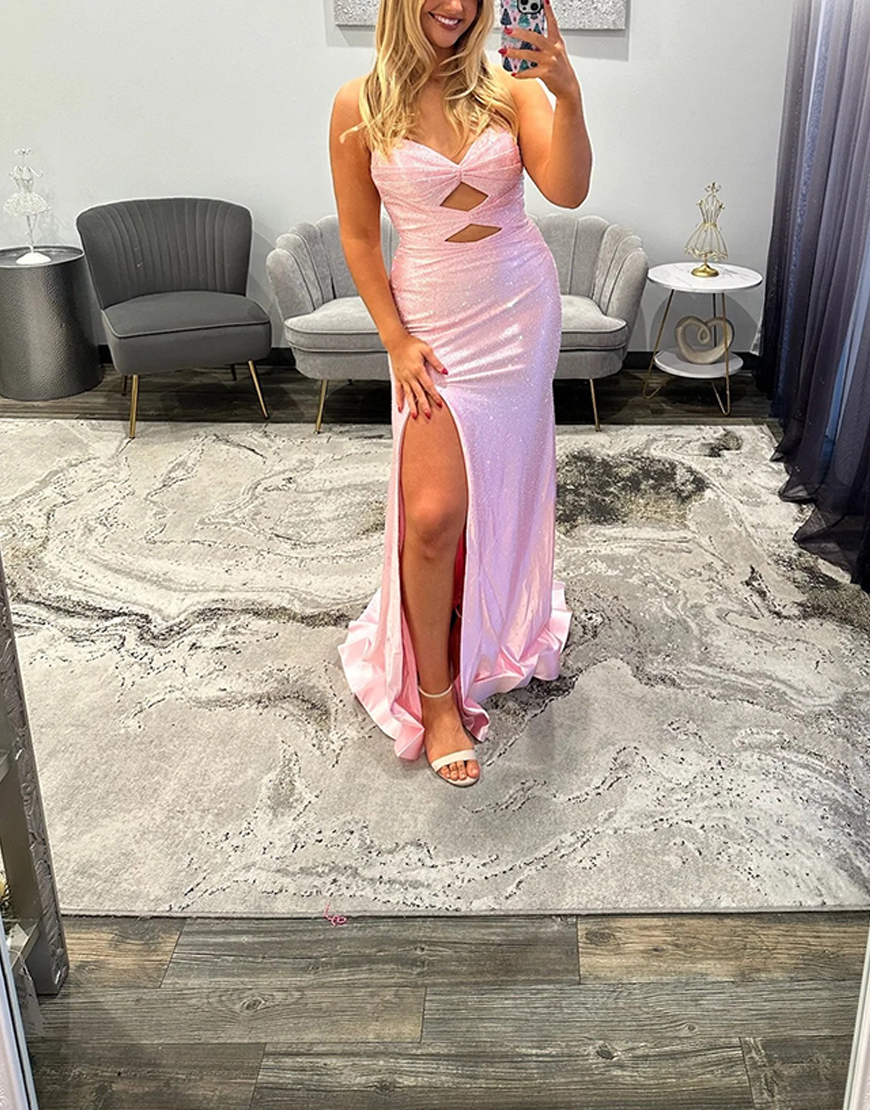 Sparkly Blush Beaded Strapless Mermaid Keyhole Long Prom Dress with Slit