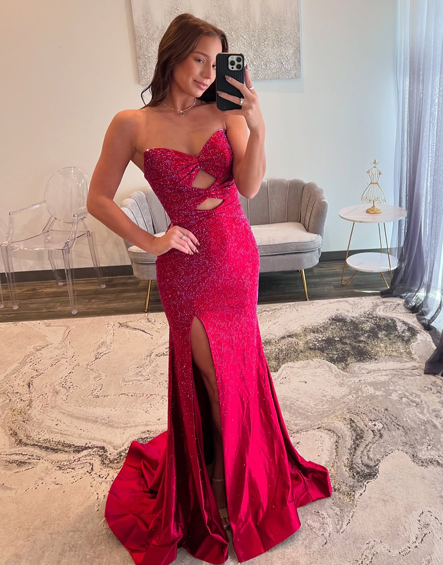Berlinnova Women Sparkly Red Long Prom Dress Mermaid Strapless Beading Hollow Out Pageant Dress with Slit