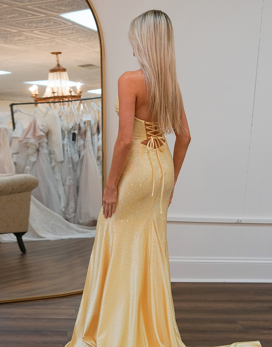 Sparkly Yellow Beaded Strapless Mermaid Hollow Out Long Prom Dress with Slit