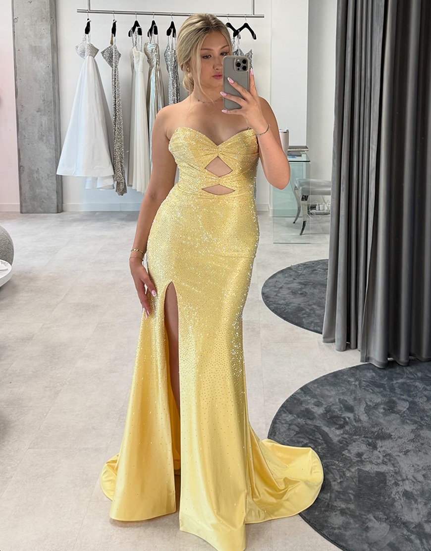 Sparkly Yellow Strapless Mermaid Beaded Sweetheart Long Prom Dress with Slit