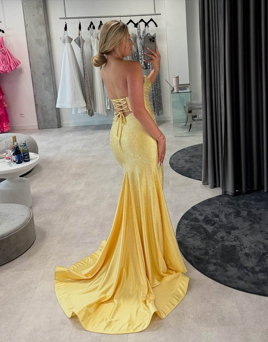 Sparkly Yellow Strapless Mermaid Beaded Sweetheart Long Prom Dress with Slit