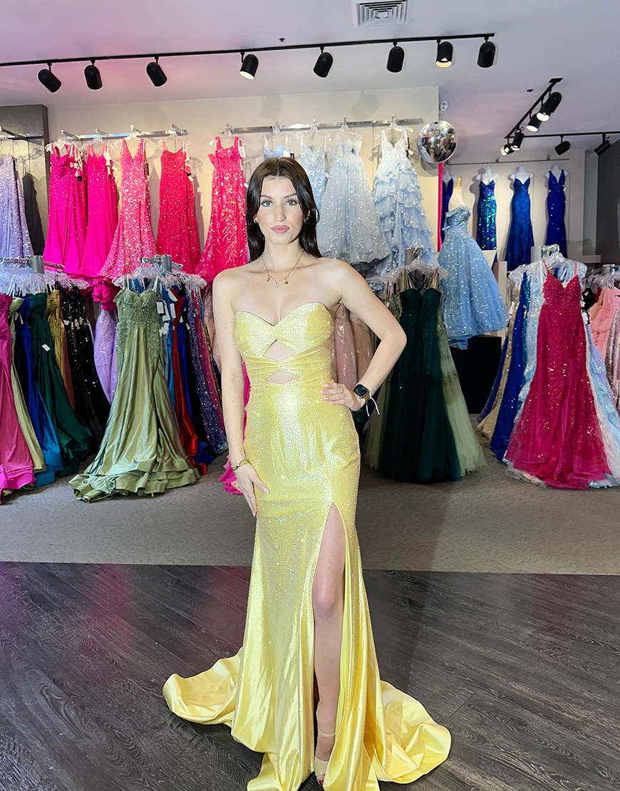 Sparkly Blush Beaded Strapless Mermaid Hollow Out Long Prom Dress with Slit