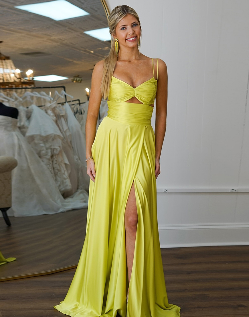 Yellow A-Line Double Spaghetti Straps Hollow Out Long Prom Dress with Slit