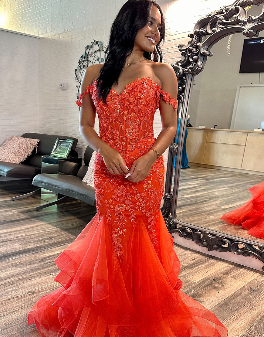 Sparkly Orange Mermaid Off the Shoulder Corset Appliques Ruffles Tulle Evening Dress