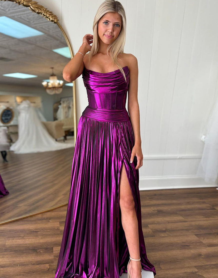 Metallic Dark Purple A-Line Strapless Ruched Corset Long Prom Dress with Slit