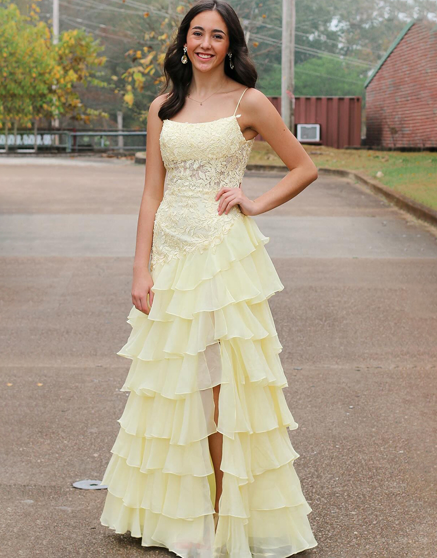 Sparkly Yellow Sheath Spaghetti Straps Appliques Ruffles Long Prom Dress with Slit