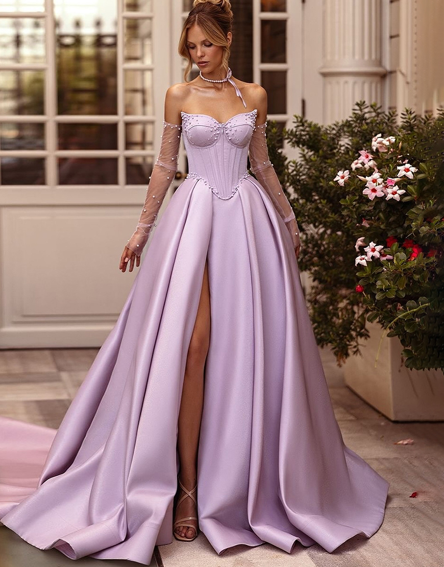 Sparkly Lilac A-Line Strapless Pearls Corset Long Prom Dress with Slit (Gloves are not included)