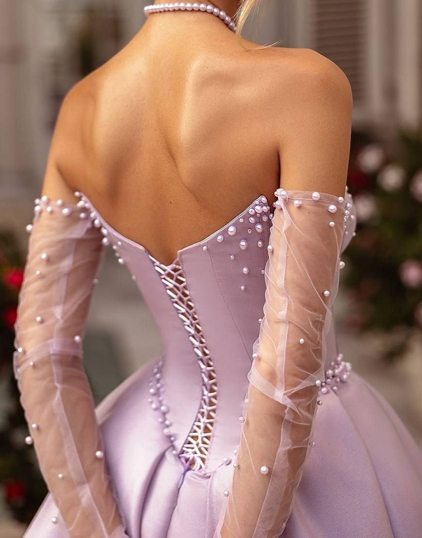 Sparkly Lilac A-Line Strapless Pearls Corset Long Prom Dress with Slit (Gloves are not included)
