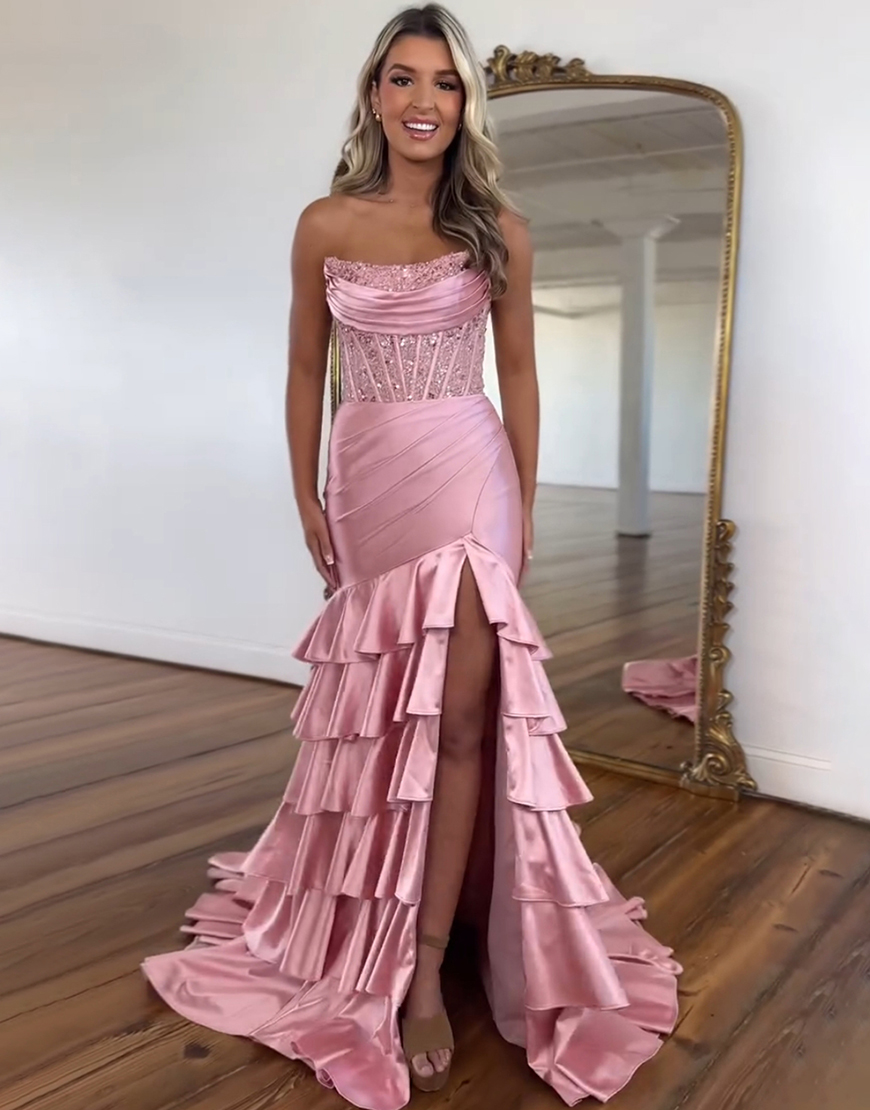 Sparkly Blush Mermaid Strapless Ruffles Sequined Corset Long Prom Dress with Slit
