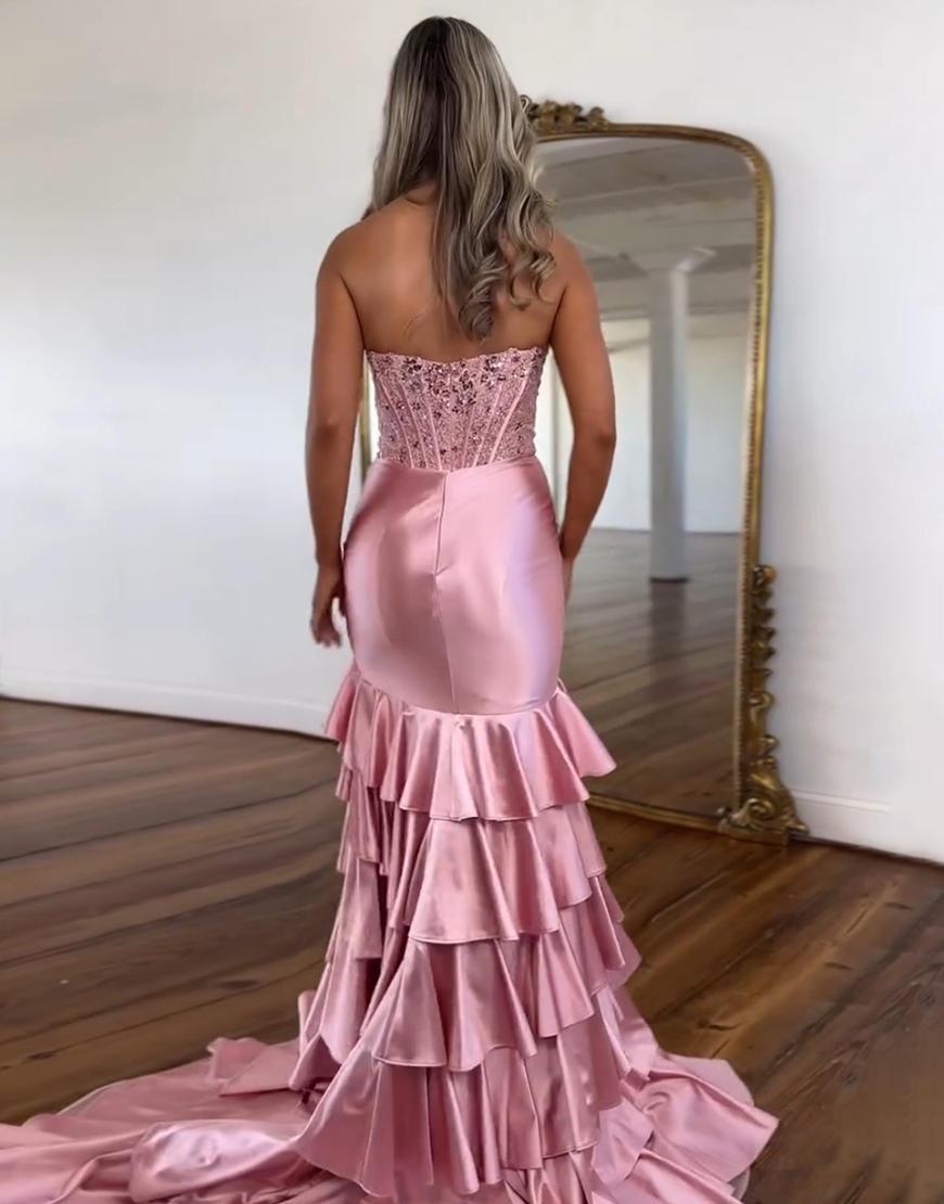 Sparkly Blush Mermaid Strapless Ruffles Sequined Corset Long Prom Dress with Slit