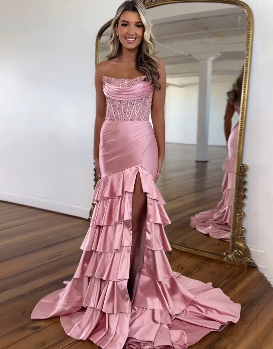 Sparkly Blush Mermaid Strapless Ruffles Sequined Corset Long Prom Dress with Slit