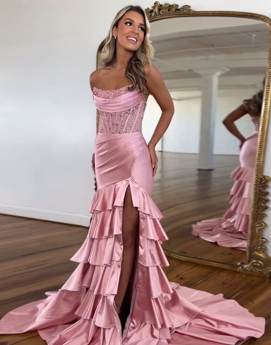 Sparkly Blush Mermaid Strapless Ruffles Sequined Corset Long Prom Dress with Slit