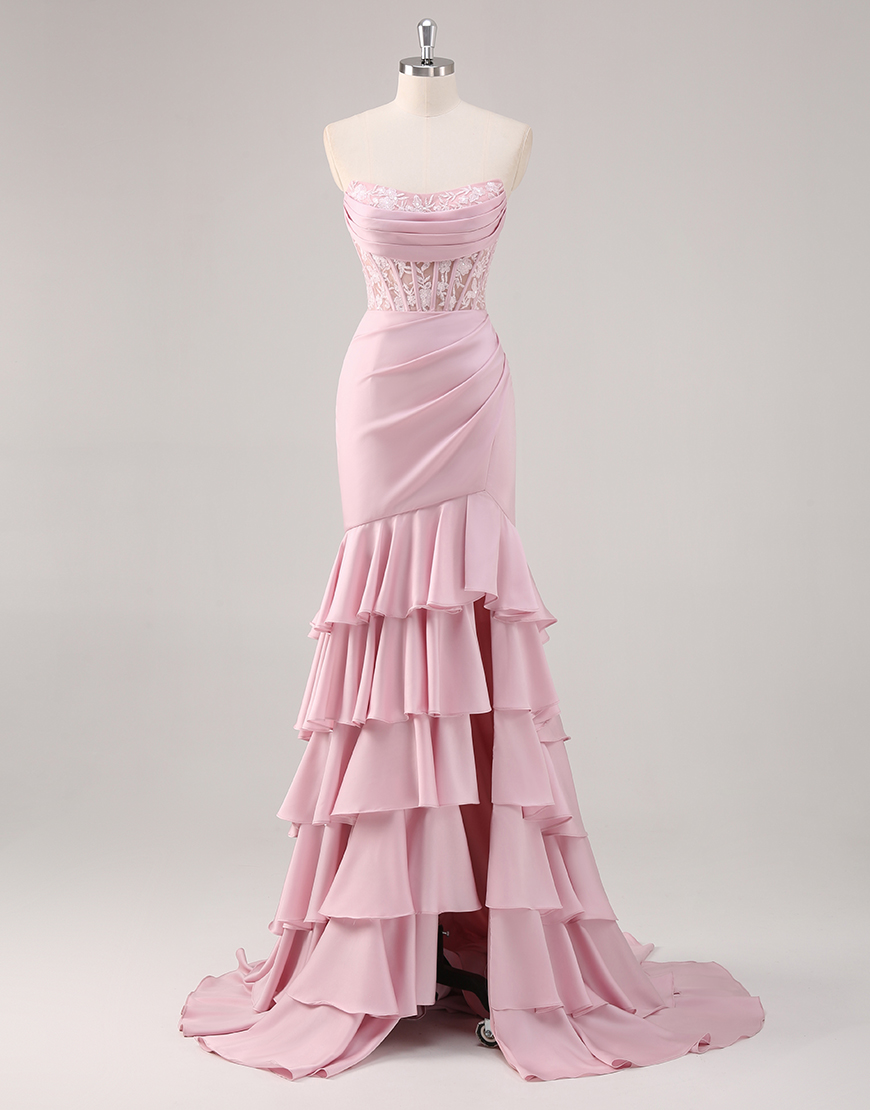 Sparkly Blush Mermaid Strapless Ruffles Sequined Corset Long Prom Dress with Slit