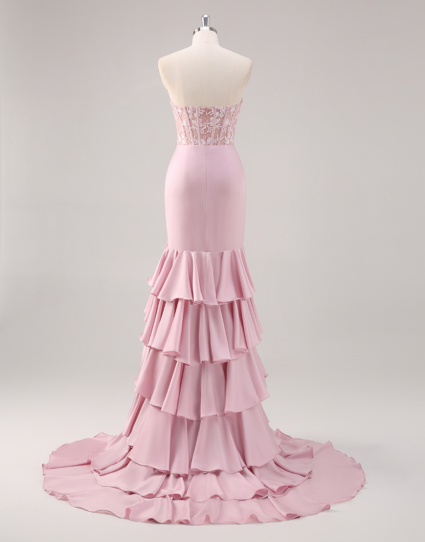 Sparkly Blush Mermaid Strapless Ruffles Sequined Corset Long Prom Dress with Slit