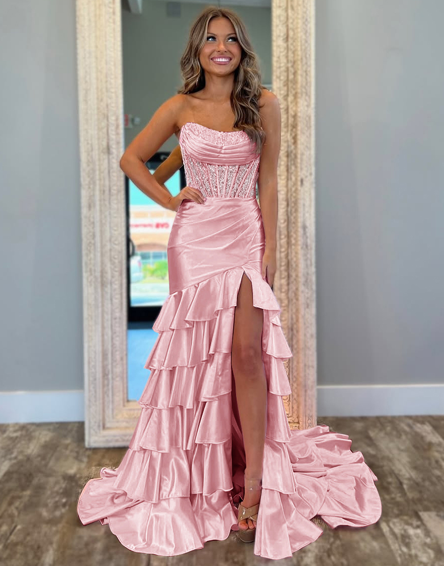 Sparkly Blush Mermaid Strapless Ruffles Sequined Corset Long Prom Dress with Slit