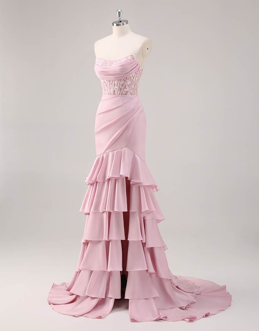 Sparkly Blush Mermaid Strapless Ruffles Sequined Corset Long Prom Dress with Slit