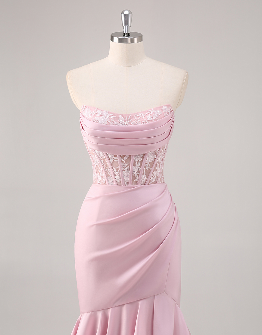 Sparkly Blush Mermaid Strapless Ruffles Sequined Corset Long Prom Dress with Slit