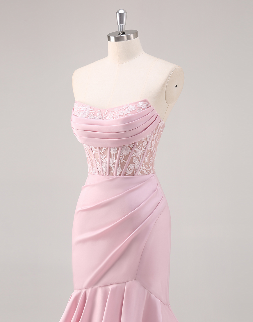 Sparkly Blush Mermaid Strapless Ruffles Sequined Corset Long Prom Dress with Slit