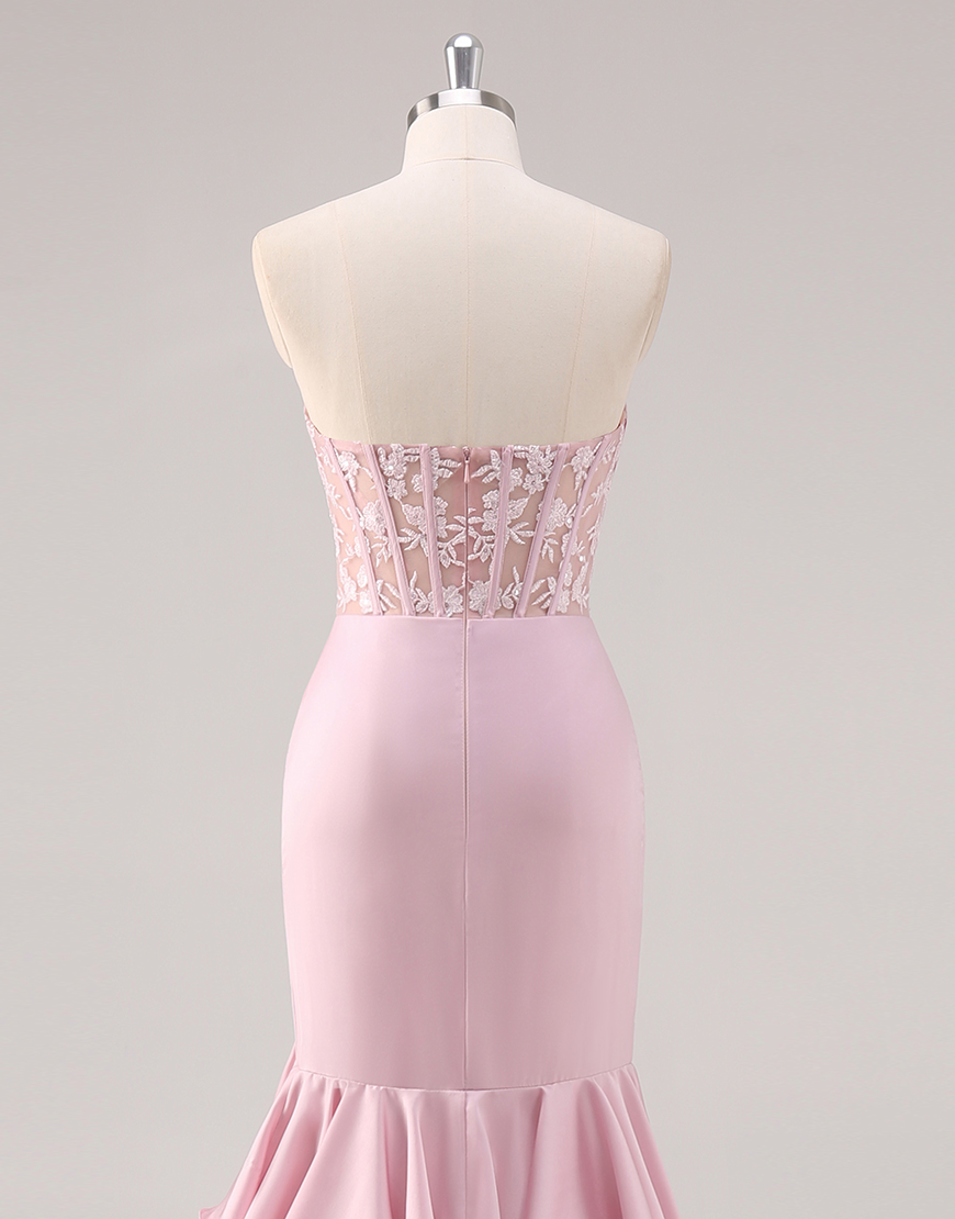 Sparkly Blush Mermaid Strapless Ruffles Sequined Corset Long Prom Dress with Slit