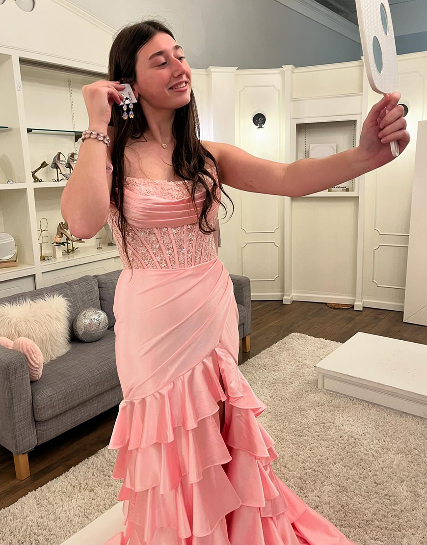 Glitter Blush Mermaid Strapless Ruffles Sequined Corset Long Prom Dress with Slit