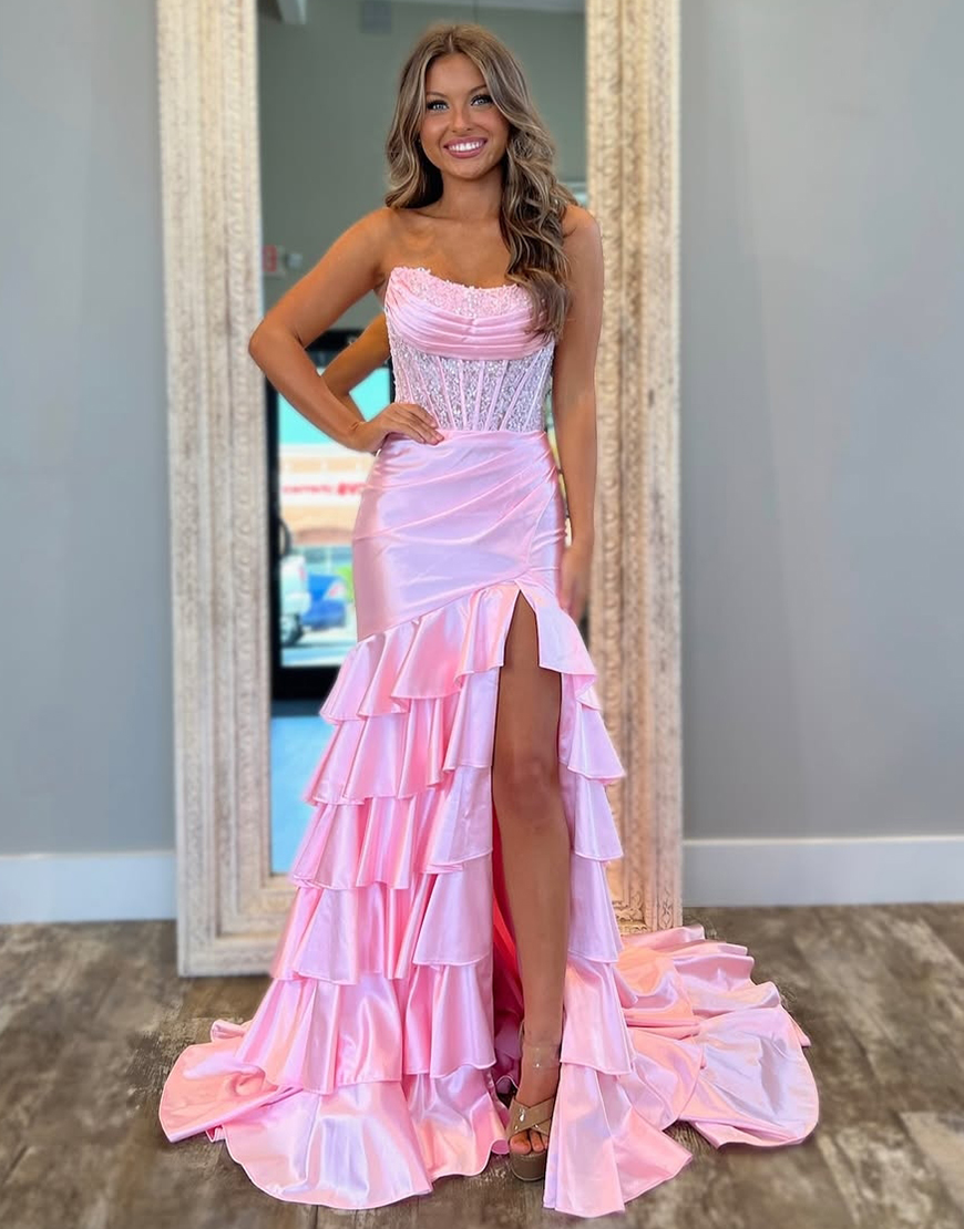 Sparkly Blush Mermaid Strapless Ruffles Sequined Corset Long Prom Dress with Slit