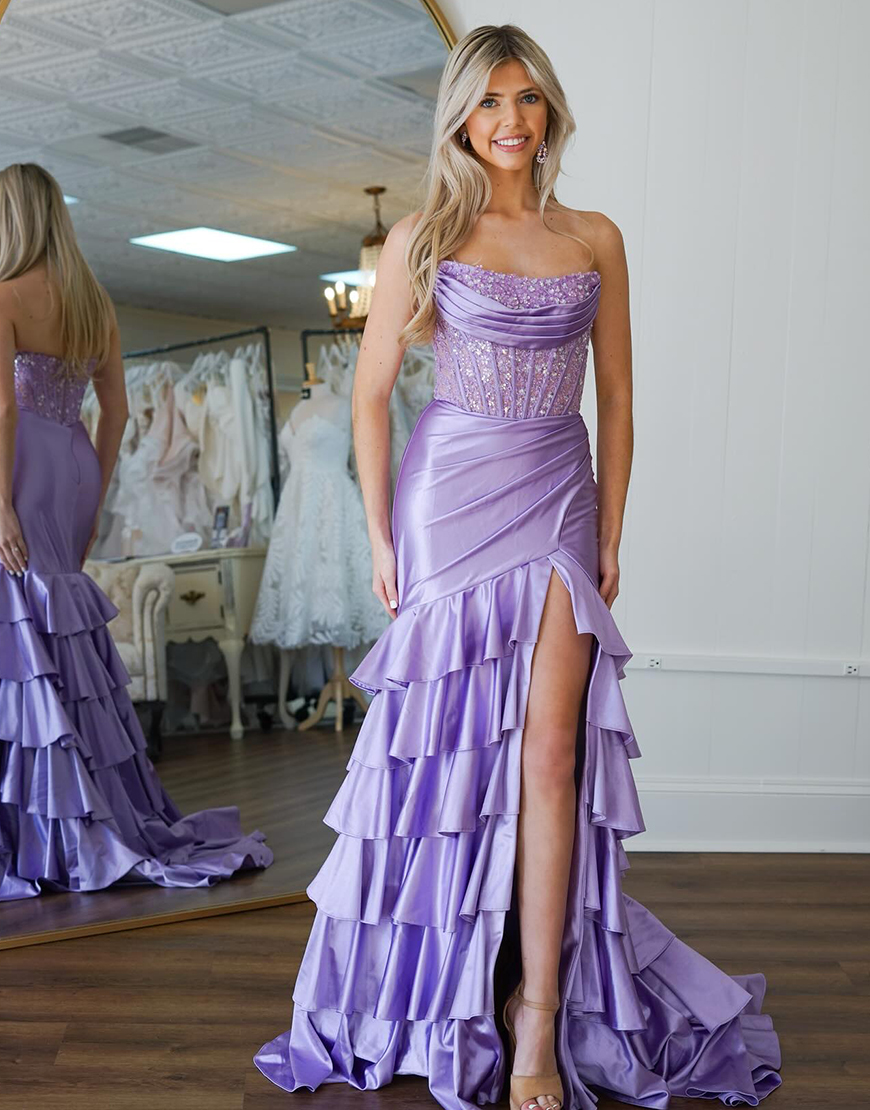 Sparkly Purple Strapless Mermaid Ruffles Sequined Corset Long Prom Dress with Slit