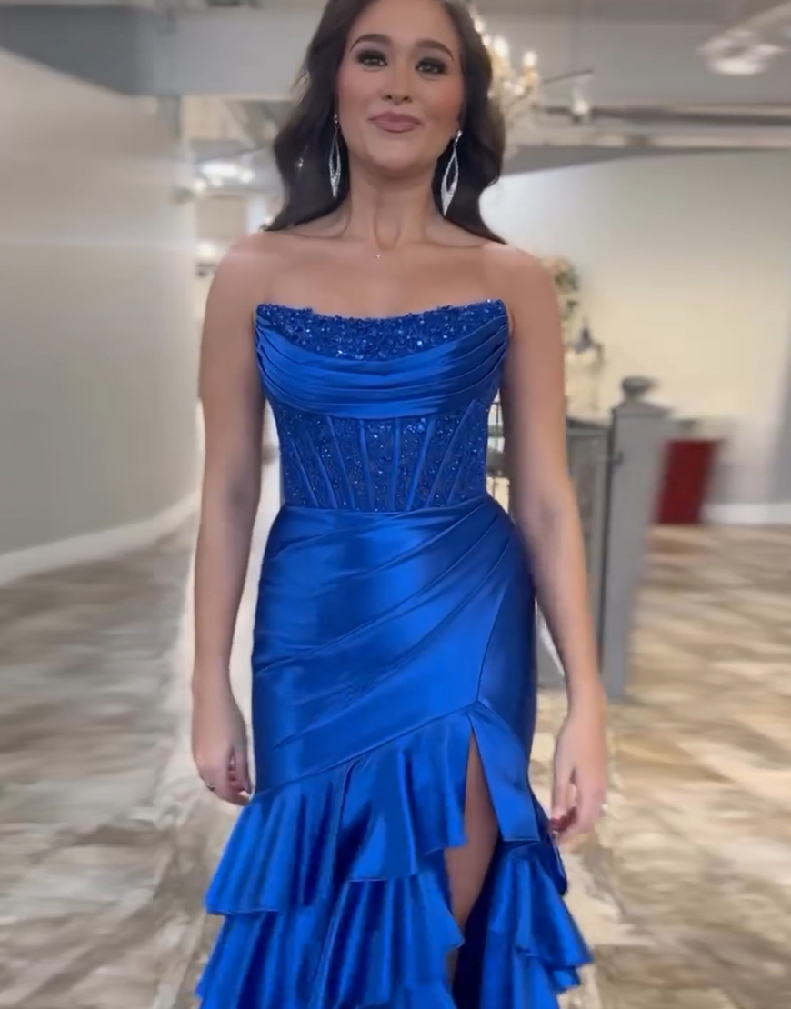 Sparkly Blush Mermaid Strapless Ruffles Sequined Corset Long Prom Dress with Slit