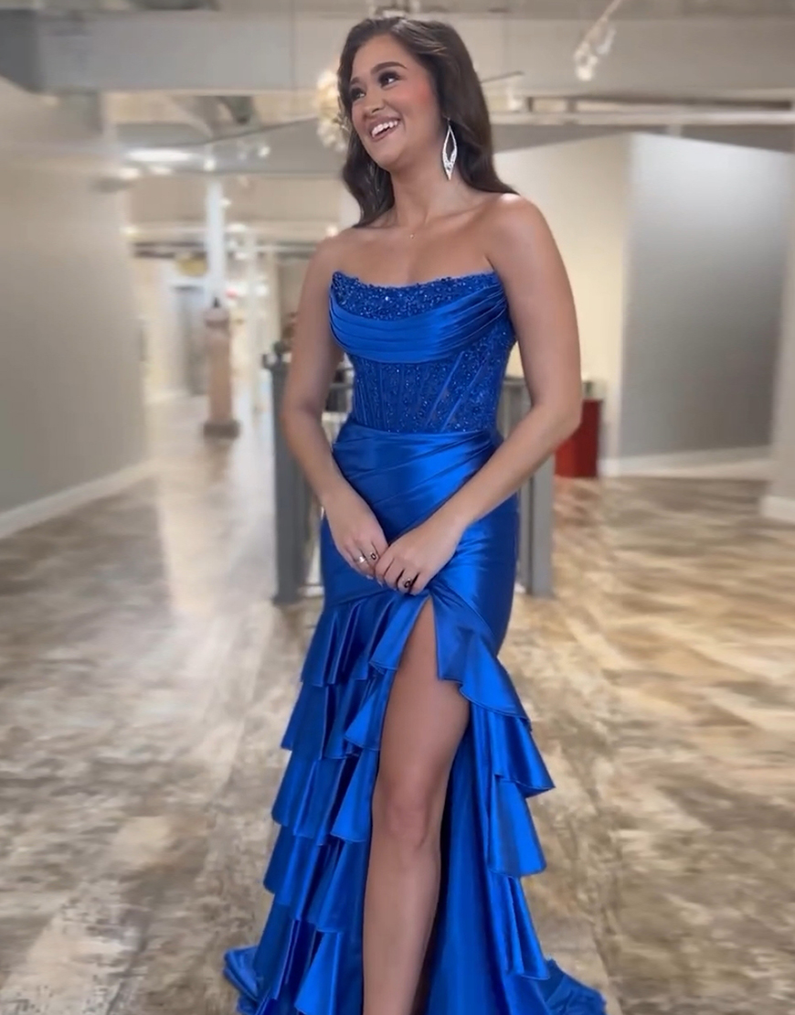 Sparkly Blush Mermaid Strapless Ruffles Sequined Corset Long Prom Dress with Slit