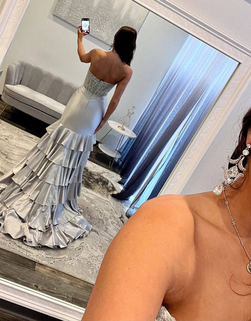 Sparkly Purple Mermaid Strapless Ruffles Sequined Corset Long Prom Dress with Slit