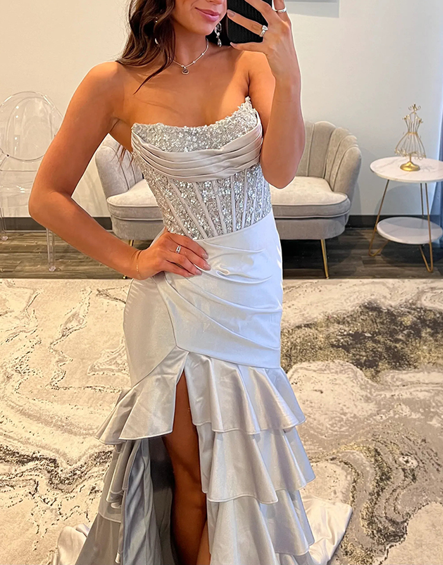 Sparkly Purple Mermaid Strapless Ruffles Sequined Corset Long Prom Dress with Slit