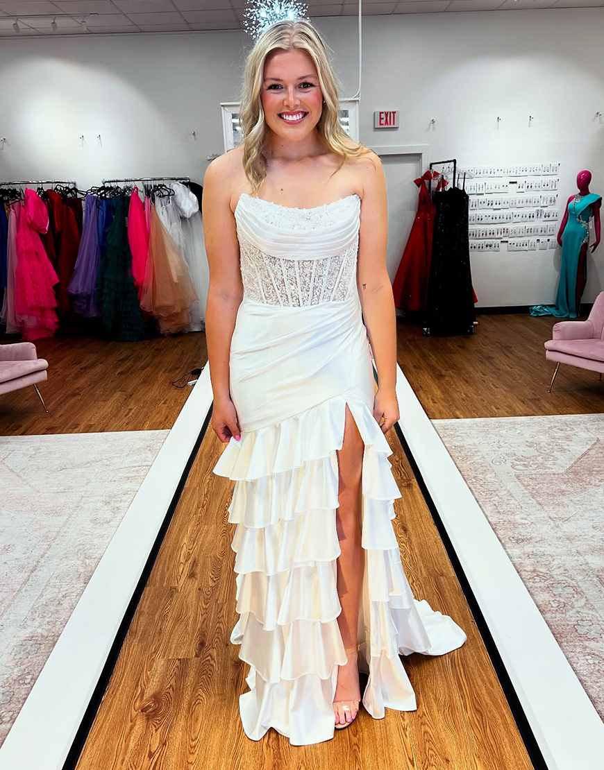 Sparkly Purple Mermaid Strapless Ruffles Sequined Corset Long Prom Dress with Slit