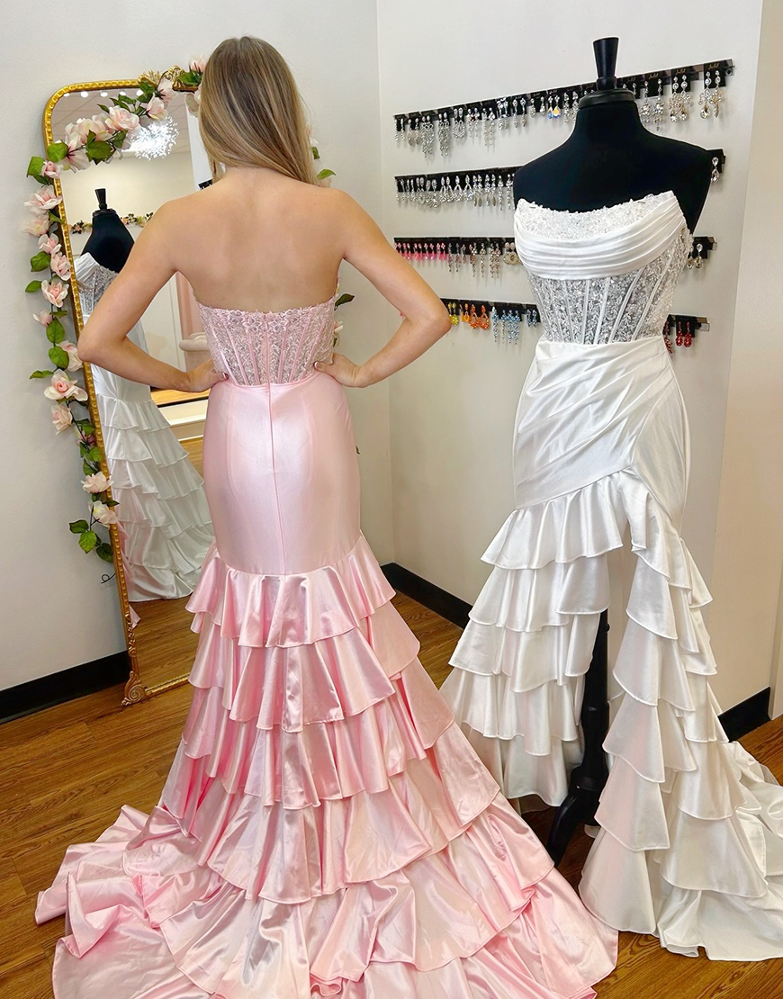 Sparkly Purple Mermaid Strapless Ruffles Sequined Corset Long Prom Dress with Slit