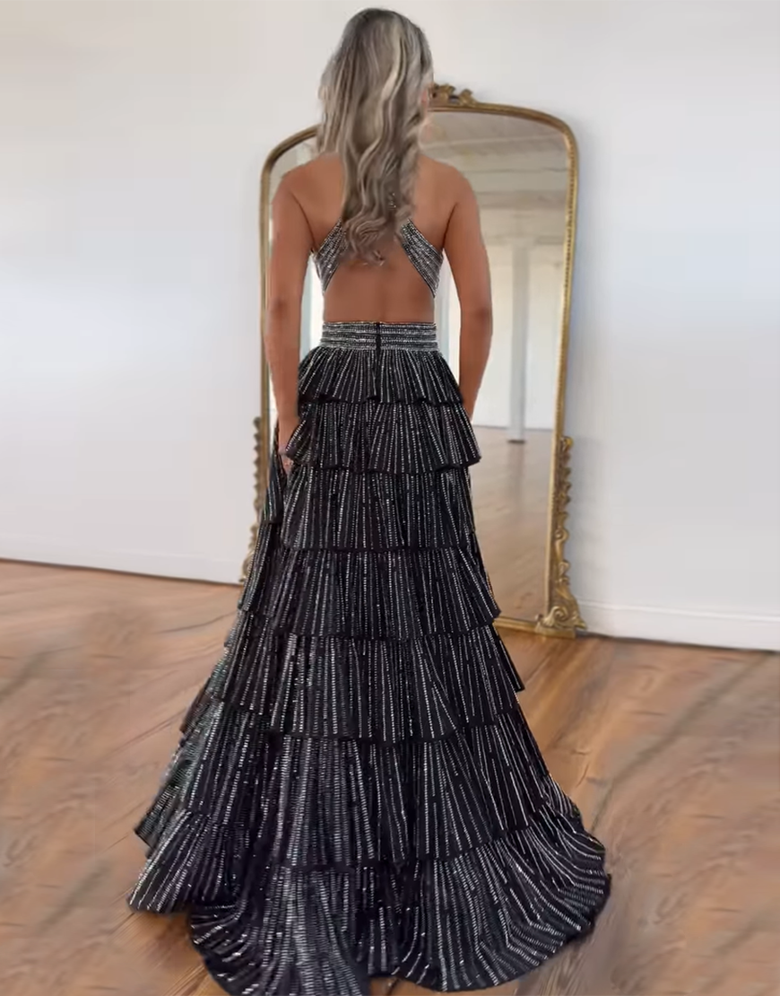 Sparkly Grey A-Line Halter Beaded Ruffles Long Prom Dress with Slit
