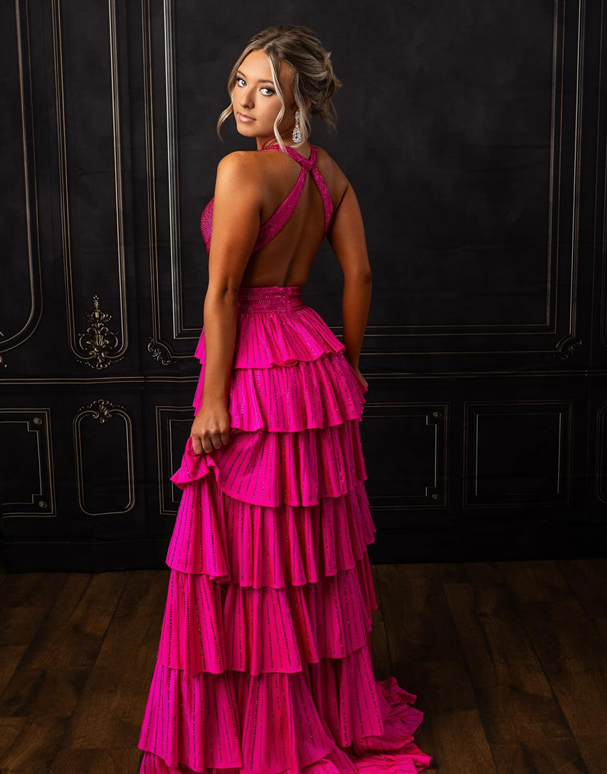 Sparkly Fuchsia Halter Beaded Ruffled Long Prom Dress with Slit