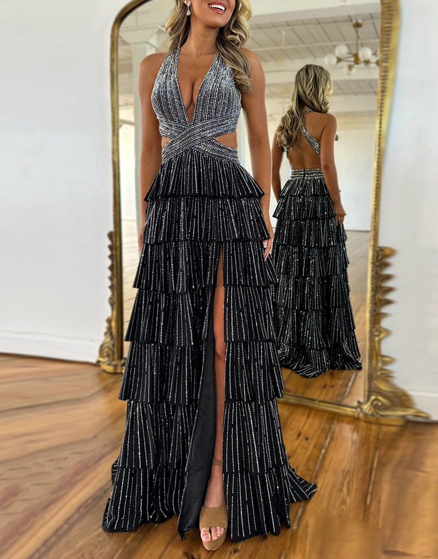 Sparkly Fuchsia Halter Beaded Ruffled Long Prom Dress with Slit