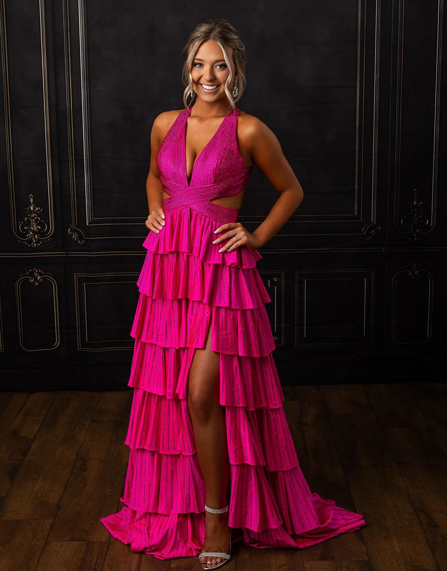 Berlinnova Women Sparkly Fuchsia A-Line Cut-Out Long Prom Dress Halter Beaded Ruffles Deep V-Neck Sleeveless Evening Dress with Slit